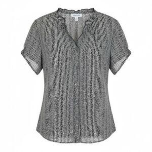 Covington Geometric Button Front Ruffle Neck Short Sleeve Blouse Black White 20W